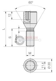 12x1,25x28 D20 BELSŐ TORX kerékcsavar, kúpos 60° galvanizált, ELB378