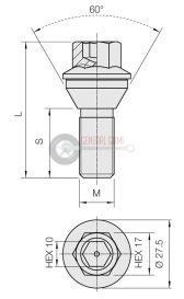 14x1,25x28WB HEX17 kerékcsavar, forgó kúpos 60°,  FEKETE, ELB1360