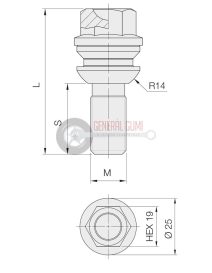 14x1,5x28R14 HEX19 rádiuszos kerékcsavar, üreges fejrész, fekete, ELB650B